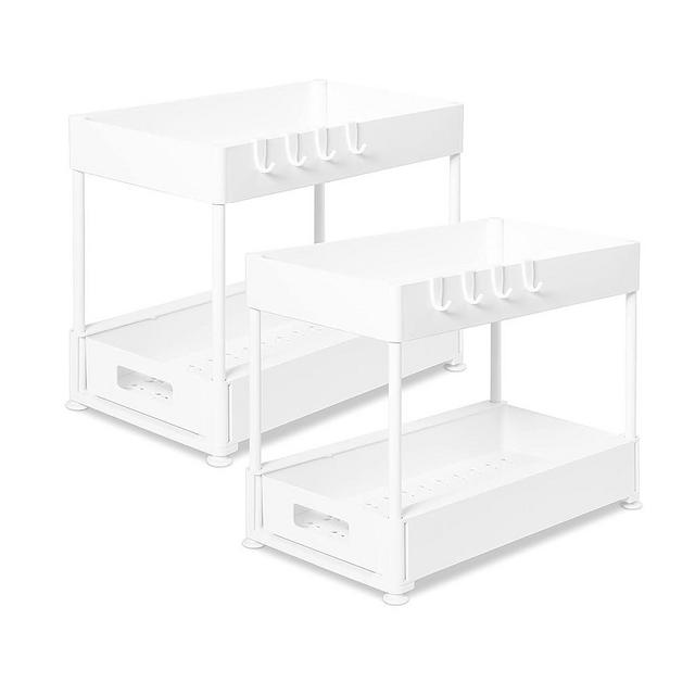 2-Tier Under Sink Organizer - Multi-Purpose Under Cabinet Storage Drawer with Hooks - White (2 Pack)