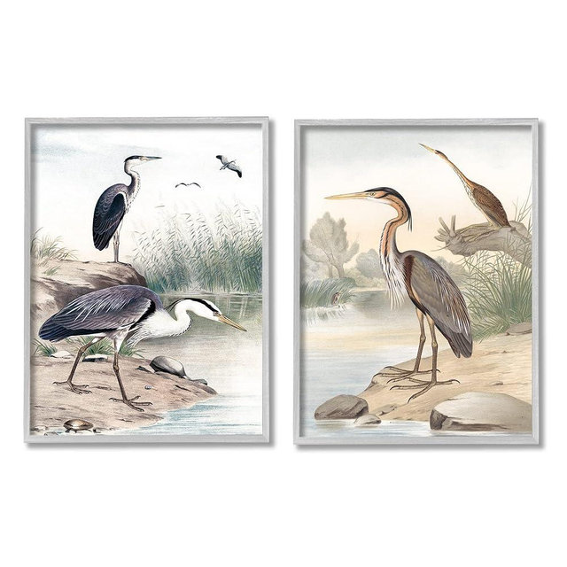 Stupell Industries Elegant Heron Birds Foraging River Edge Scene 2pc set Framed Wall Art, Design by Piddix