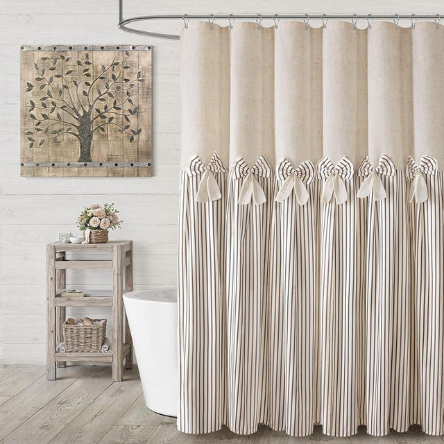 XOGUIBO Farmhouse Shower Curtain Linen Beige Bow Woven Fabric Country Rustic Western, Pleated Brown Stripe 72" W x 72" L