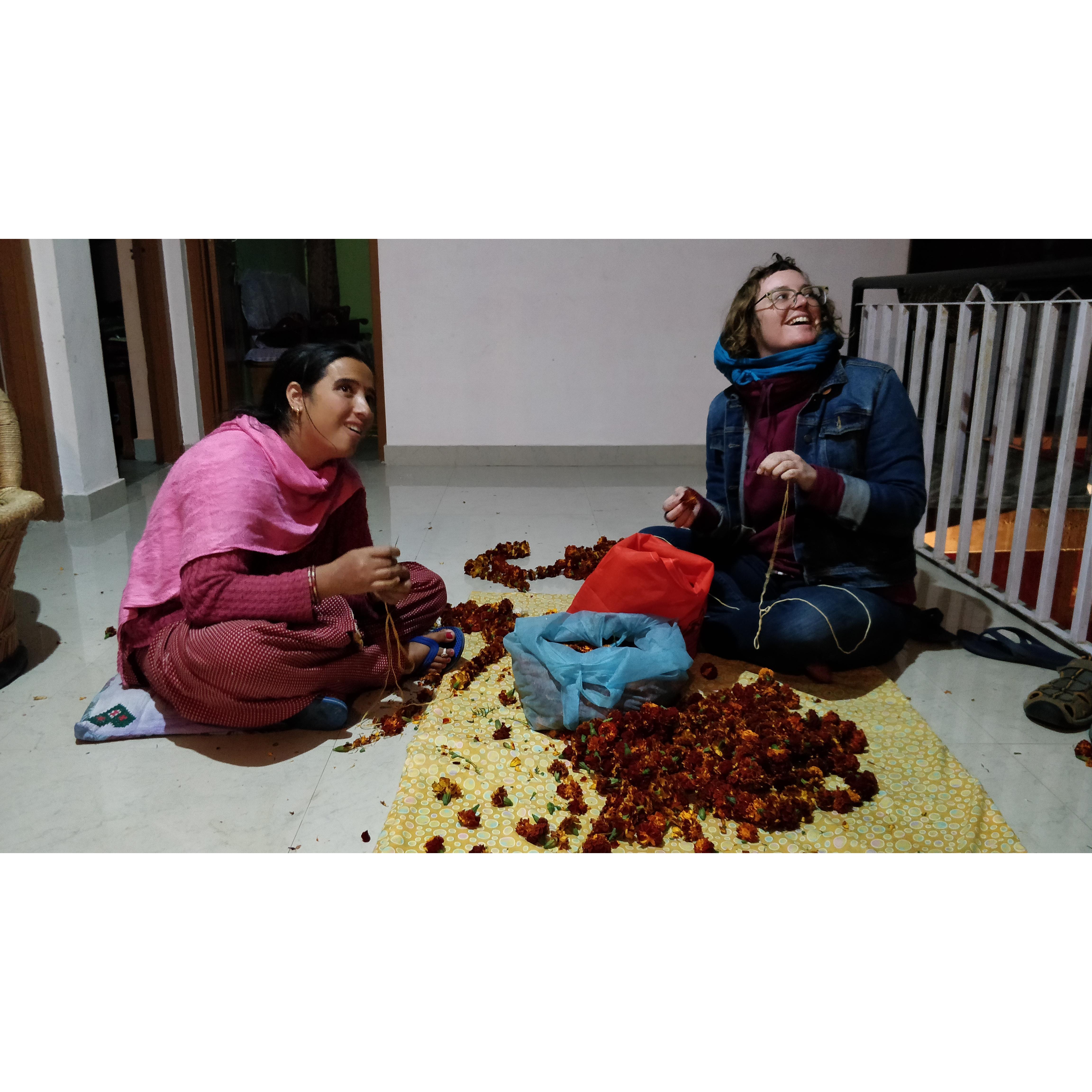 Making garlands for Diwali