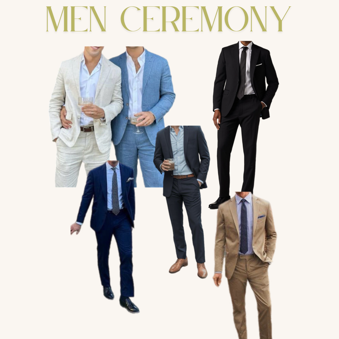 We ask that male guests refrain from wearing shorts or sandals. Any variation of suit color is welcome!