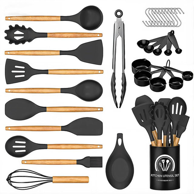 SOUTHREEY Silicone Cooking Utensils Set, 33PCS/446°F Heat Resistant Food Grade Silicone Kitchen Gadgets, Spatula Set w Holder, for Nonstick Cookware (Black)