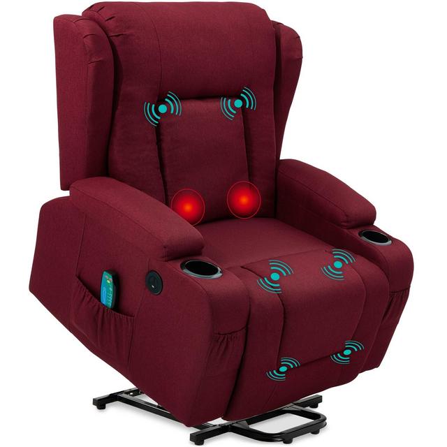 Best Choice Products Electric Power Lift Linen Recliner Massage Chair Furniture w/ USB Port, Heat, Cupholders - Burgundy