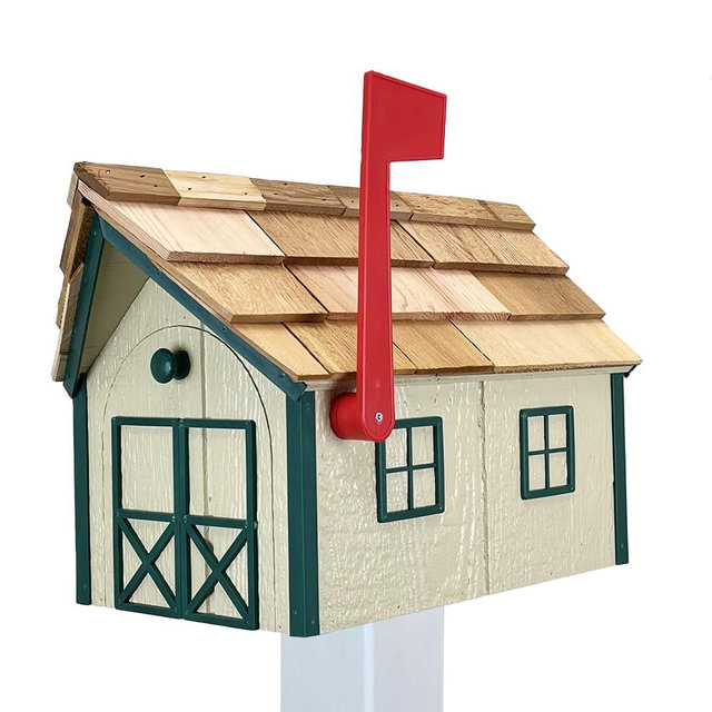 Peaceful Classics Amish Cedar Roof Wooden Mailbox with Window & Door Trim, Handcrafted Mailboxes for Outside, Post Mount Residential Mailboxes - (Beige & Green, Wood)