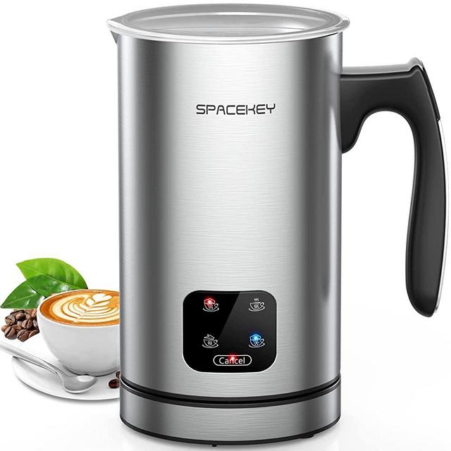 Milk Frother, 10oz/300ml Electric Milk Warmer with Touch Screen, 4.7oz/140ml Hot & Cold Foam Maker with Buzzer, 4 IN 1 Spacekey Automatic Stainless Steel Milk Steamer for Coffee and Latte, Silver