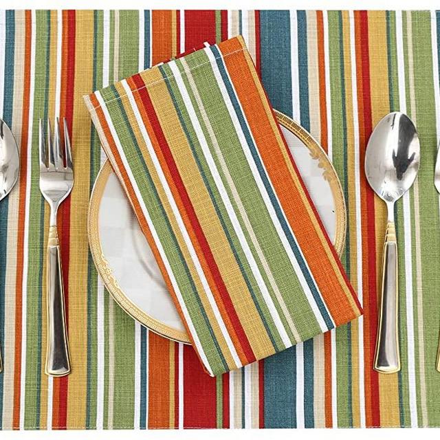 Ruvanti Placemats for Dinning Table. 100% Cotton Woven 13x19 Inch Place mats Set of 6, Red & Fall Multi Stripe Woven Table Mats. Farmhouse Spring Cloth Tablemats for Christmas / Thanksgiving Dinners.