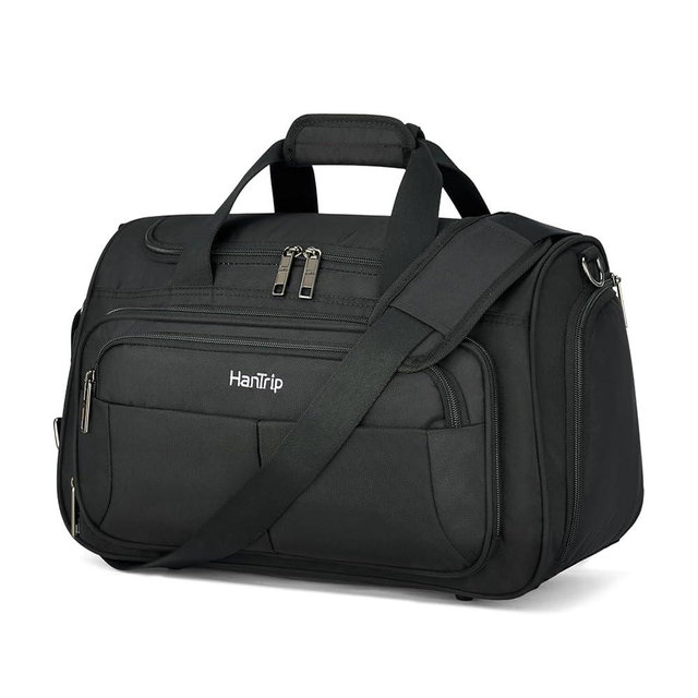 HanTrip Carry on Duffel Bag Foldable Duffle Bags for Travel, Under Seat Personal Item Bags for Airplanes, Weekender Overnight Mens Travel Tote Bag for Women Small Softside Carry on Luggage (Black)