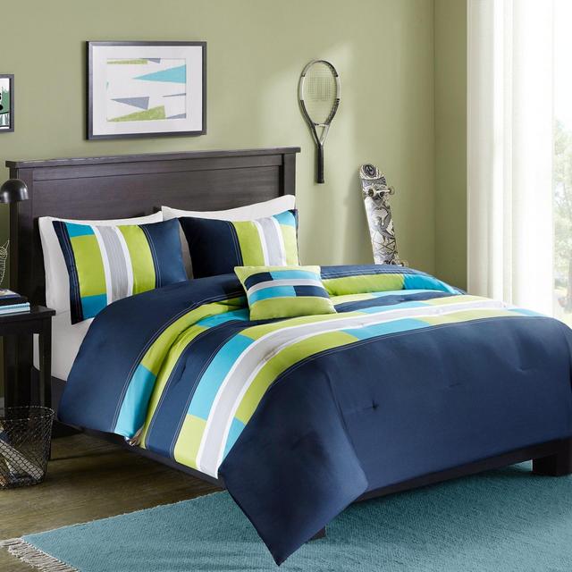 Comfort Spaces Pierre 4 Piece Comforter Set All Season Ultra Soft Hypoallergenic Microfiber Pipeline Stripe Boys Dormitory Bedding, Full/Queen, Navy Blue