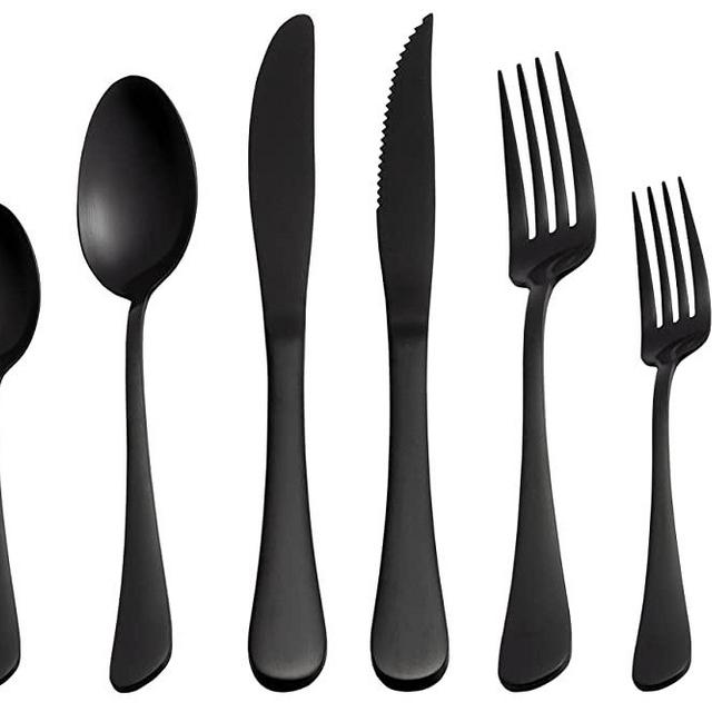Selafun 24 Piece Matte Black Flatware Set.Stainless Steel Matte Black Silverware Set Titanium Plating Tableware Cutlery Set. Utensil Set for Kitchens. Dishwasher Safe(Service for 4)