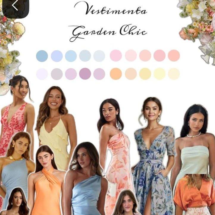 Código de vestimenta Garden Chic, elegancia y comodidad para un entorno al aire libre, vestido o trajes de cóctel de largo medio a largo, confeccionados con telas ligeras y fluidas (como lino o algodón) en colores vivos, pasteles o con estampados florales/alegres. Se recomienda calzado cómodo, como cuñas o tacón grueso.