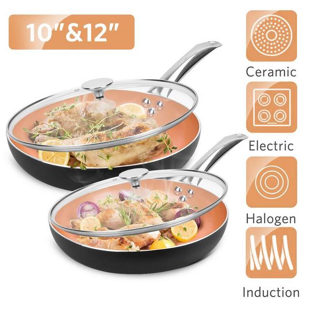 10"+12" Nonstick Frying Pan Sets with Lids - Ultra Nonstick Cookware Sets with Ceramic Coating, 100% APEO & PFOA-Free, Oven Safe & Induction Available Skillets, Stainless Steel Handle, Aluminum Alloy