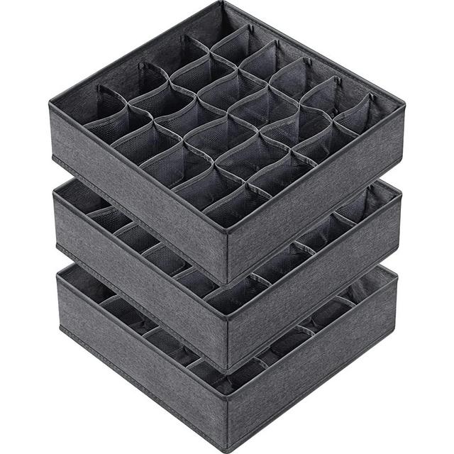 3 Pack Sock Underwear Drawer Organizer Dividers, 64 Cell Fabric Foldable Closet Organizers and Storage Boxes for Storing Baby Clothes, Socks, Underwear, Ties (16+24+24 Cell, Dark Gray)