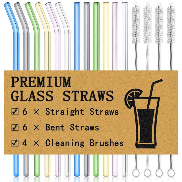 Piteno® 16-Pack Reusable Glass Drinking Straws, 10''x10MM, Set of 6 Straight and 6 Bent with 4 Cleaning Brushes, Perfect for Smoothies, Milkshakes, Juice, Tea (Rainbow)