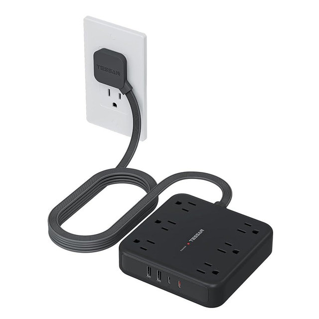 TESSAN 10Ft Black Extension Cord with Multiple Outlets, Flat Plug Surge Protector Power Strip with 6 Outlets and 4 USB Ports (2 USB C), PD 20W Fast Charger, 2100J Protection, for Home, Office, Dorm