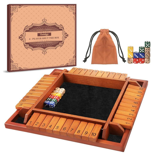 Toidgy 1-4 Players Shut The Box Dice Games, Wooden Board Table Math Game with 12 Dice and Instructions, Classics Close The Box Board Game for Adults Kids, Family Classroom Home or Bar