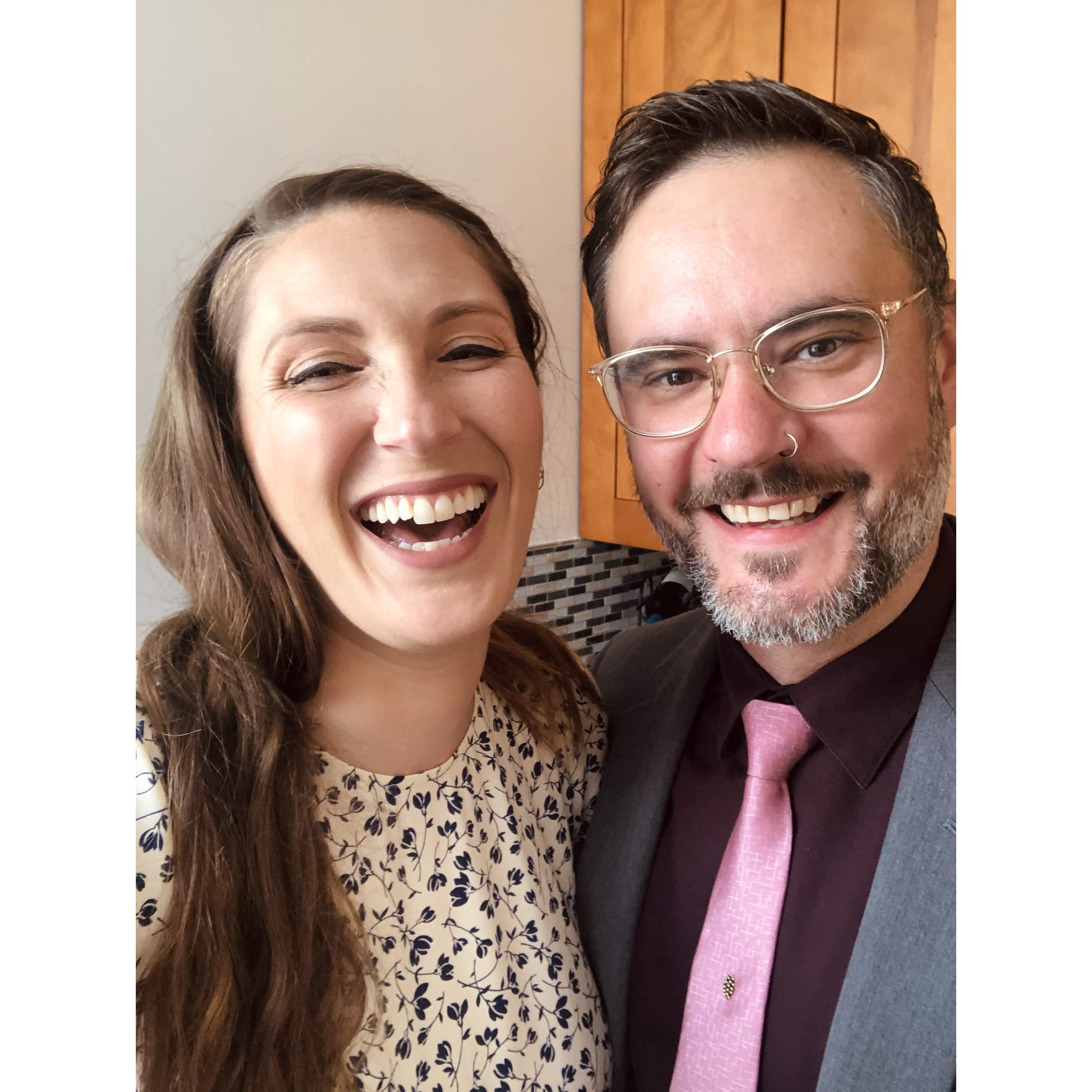 First time dressed to "attend" Dustin, Mo's brother, and his wife Rachel's wedding during covid.