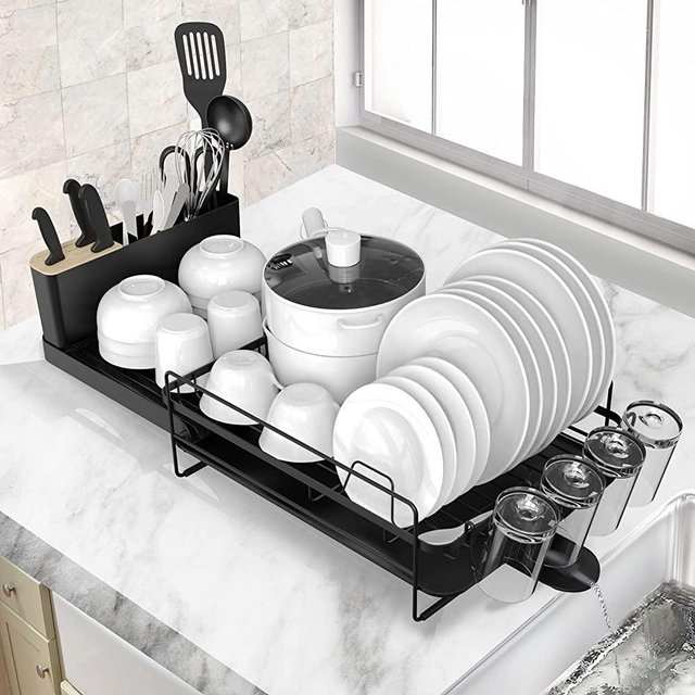 Runnatal Large Dish Drying Rack with Drainboard Set, Extendable Dish Rack, Utensil Holder, Cup Holder, Expandable Dish Drainer for Kitchen Counter