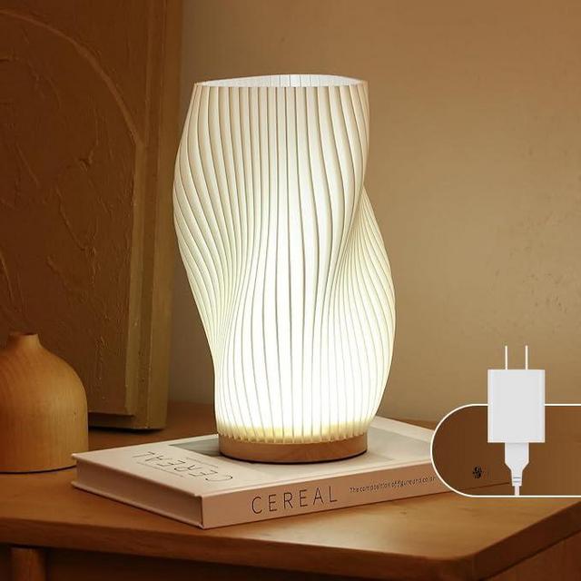 Dawnwake Bedside Lamp with Woodbase - Button Control Table Lamp for Bedroom 12 Way Dimmable Nightstand Lamp with PLA Lampshade for Living Room, Kids Room (White-B(with Charging Adapter), Large)