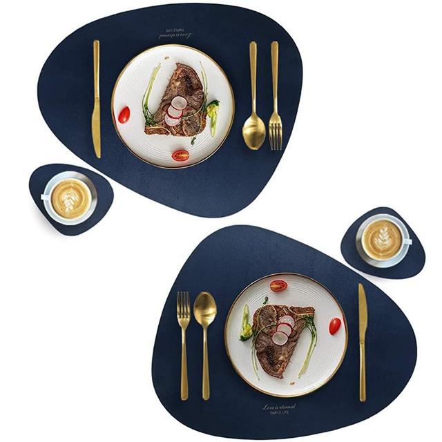 Faux Leather Placemats and Coasters Set, Round Leather for Dinner Table Mats Heat Resistant Non-Slip Washable Insulation Coffee Mats Kitchen Place Mats Nordic Style (Navy Blue, 2 Placemats+2 Coasters)