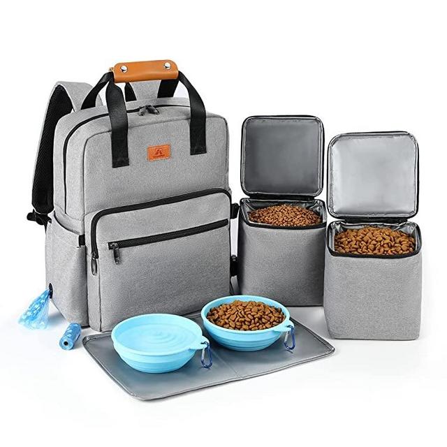 DELOMO Dog Travel Bag, Airline Approved Organizer Backpack with Multi-Function Pockets, 25L Accessories Set with 2 Food Storage Containers, 2 Foldable Bowls for Weekend Away