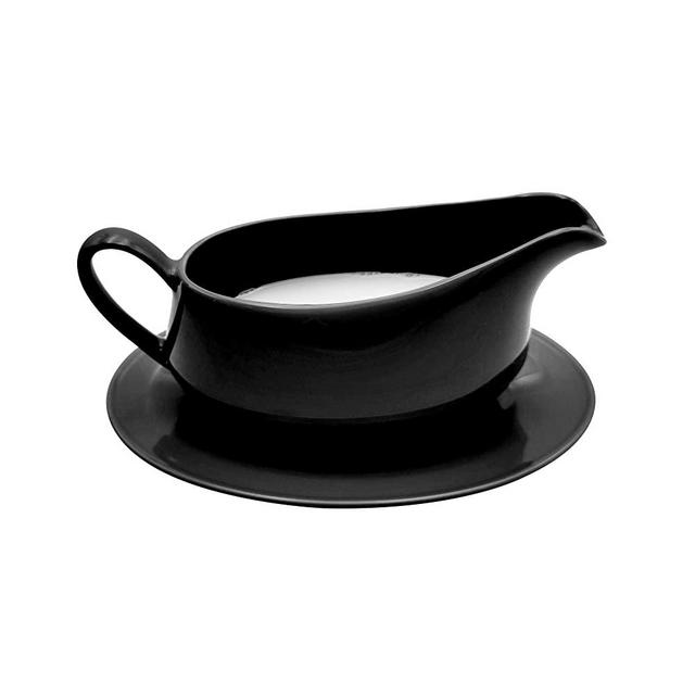 Gravy Boat with Ceramic Tray, 1 PC 8 oz Easy Pour Black Gravy Boat with Saucer Stand for Salad Dressings, Milk,Broth, Creamer and More/ Microwave & Dishwasher Safe (Black)