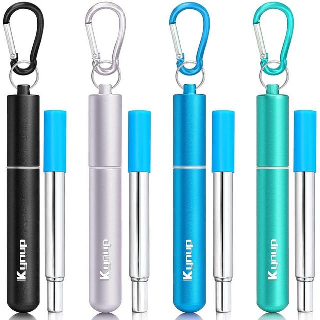 Kynup 4Packs Reusable Straws, Metal Straw with Silicon, Travel Drinking Straws with Metal Case, Keychain, Cleaning Brushes, Silicon Pcs Perfect for Travel, Gifts (20 PCS) Blue-Black-Silver-Turquoise
