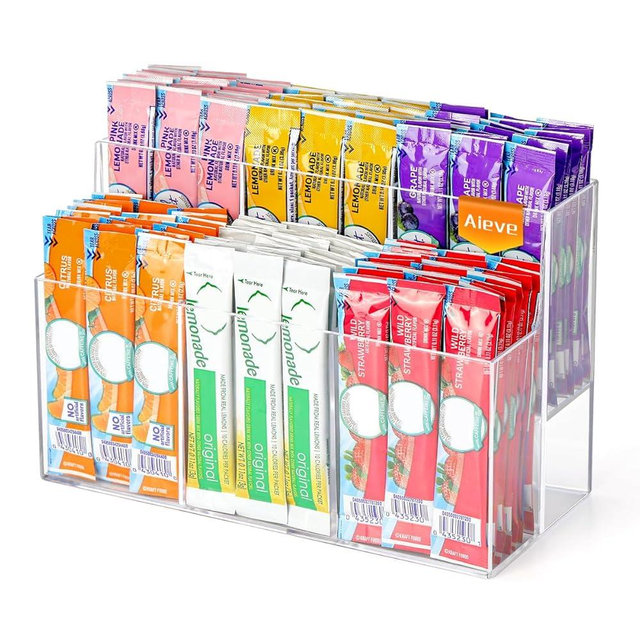 AIEVE Drink Packet Organizer, 2-Tier Water Flavor Packet Holder for Pantry Storage, Acrylic Drink Mix Organizer Hydration Powdered Mixes Holder Container for Cabinet Kitchen Storage