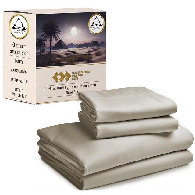 California Design Den Certified 100% Egyptian Cotton Queen Bed Sheets, Cotton Bed Sheets, 4 Piece Bedding Sheets & Pillowcases Set, Beige