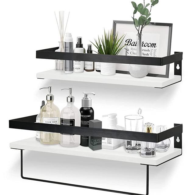Bathroom Floating Shelves for Wall, White Wall Storage Shelves with Towel Bar, Bathroom Shelf Over Toilet Storage Shelving Wall Mounted for Kitchen, Bathroom ,Laundry Room Set of 2 (White)
