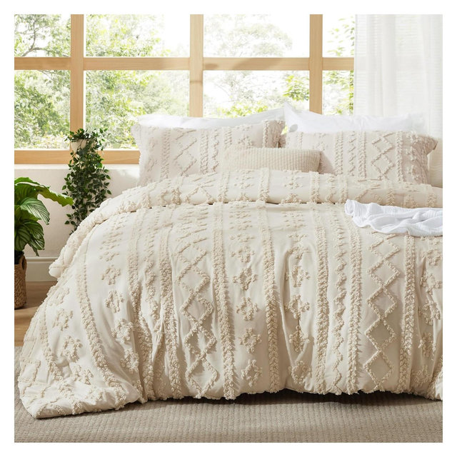 3Pcs Tufted Boho Farmhouse Shabby Chic Embroidery Beige Cal King Size Comforter Set - Bedsure