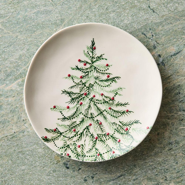 Tannenbaum Dinnerware, Stoneware Dinner Plate, Christmas Tree, Set of 4
