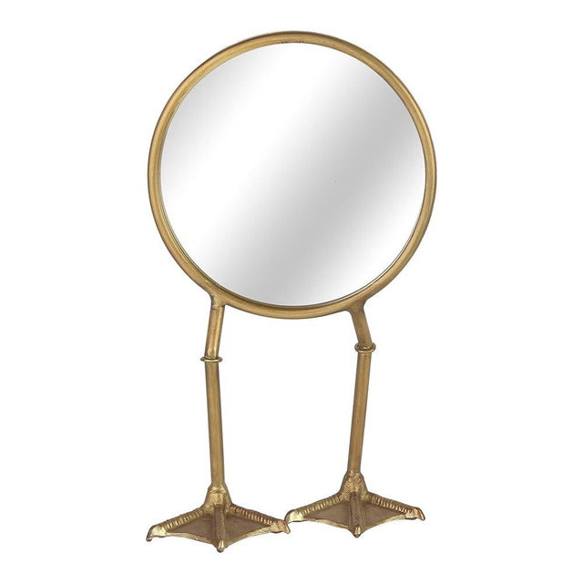 NIKKY HOME Vintage Gold Vanity Round Mirror with Duck Feet Stand, Antique Makeup Desk Small Tabletop Mirror for Bedroom Living Room Dressing Room