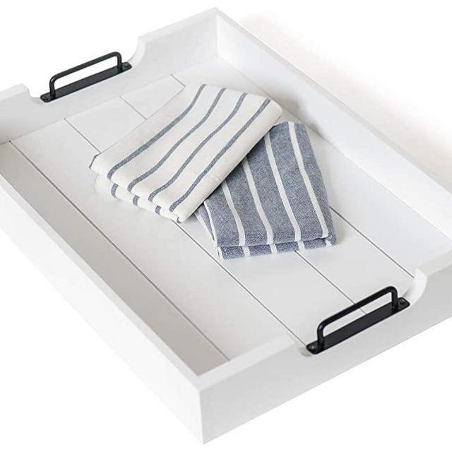 LIVEOLIA Wood Serving Tray with Handles + 2 Tea Towels - Rectangle Firwood Eating Tray with Waterproof No-Splash Paint for Coffee Table, Ottoman, Bar, Breakfast, Dinner, Tea, TV Dinners (White)