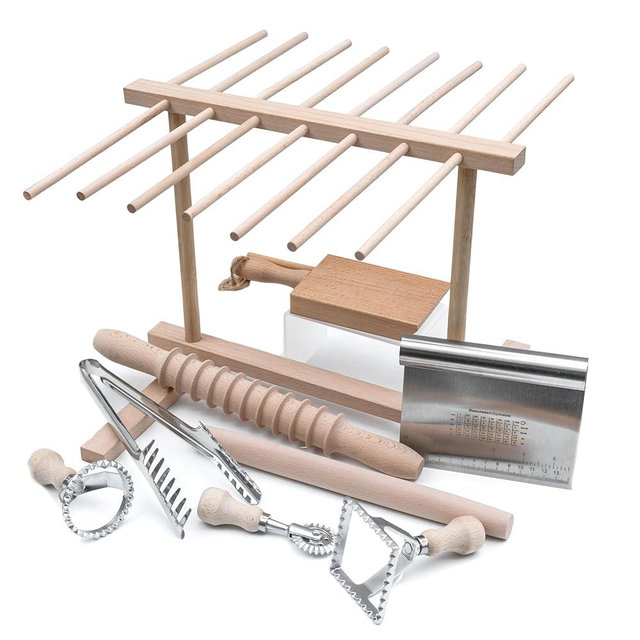 Ultimate Pasta Making Tool Set Includes Pasta Drying Rack, Pasta Tongs, Two Ravioli Stamp Maker Cutter With Roller Wheel Set, Two Pasta Rolling Pins, Gnocchi Board and Scraper By Cotswold Homeware Co