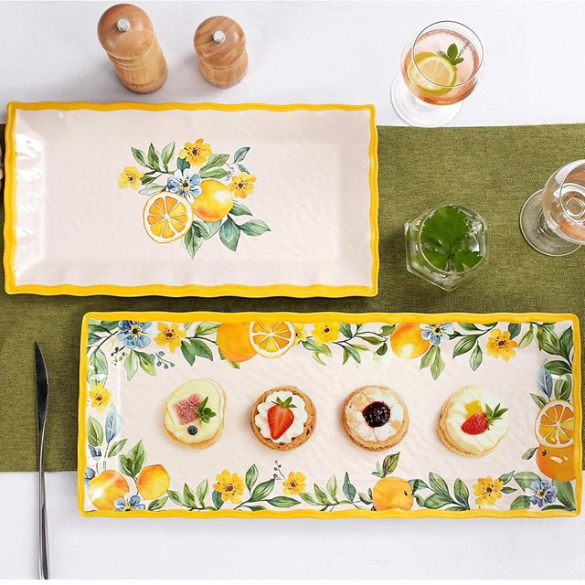 2 pcs Melamine Tray Set with Lemon Design, 19 Inch and 14.5 Inch Large Serving Plates, Unbreakable Dinnerware for RV, Camping, Party, Easy Clean