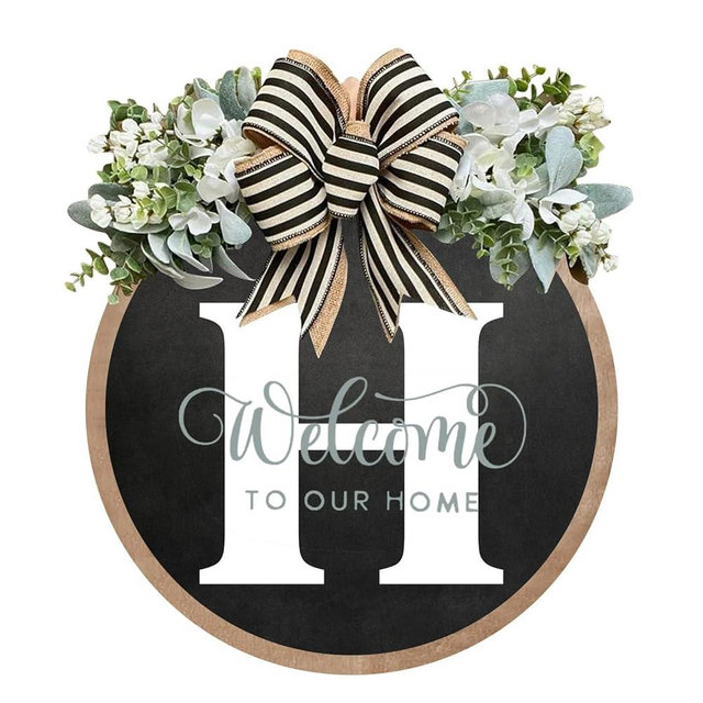 Circular Surname Front Door Welcome Sign - 26 Letter House Wreath, Front Porch Decorations, Year-Round Home Decor (H)