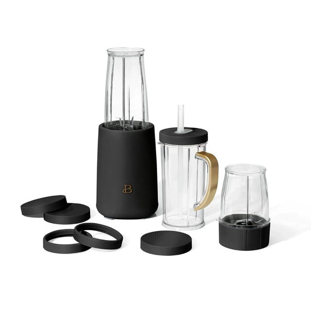 Beautiful 12‑Piece Personal Blender Set by Drew Barrymore – 240 W Motor, Stainless Steel Blending & Grinding Blades, 16 oz Travel Cup, Soft‑Matte Finish (Black Sesame)