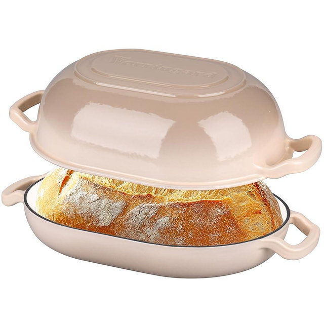 VORRINGARD Enameled Cast Iron Sourdough Bread Oven, Dutch Oven, Loaf Cast Iron Bread Pan for Homemade Bread Baking, Meatloaf Pan with Lid, 7QT, Latte