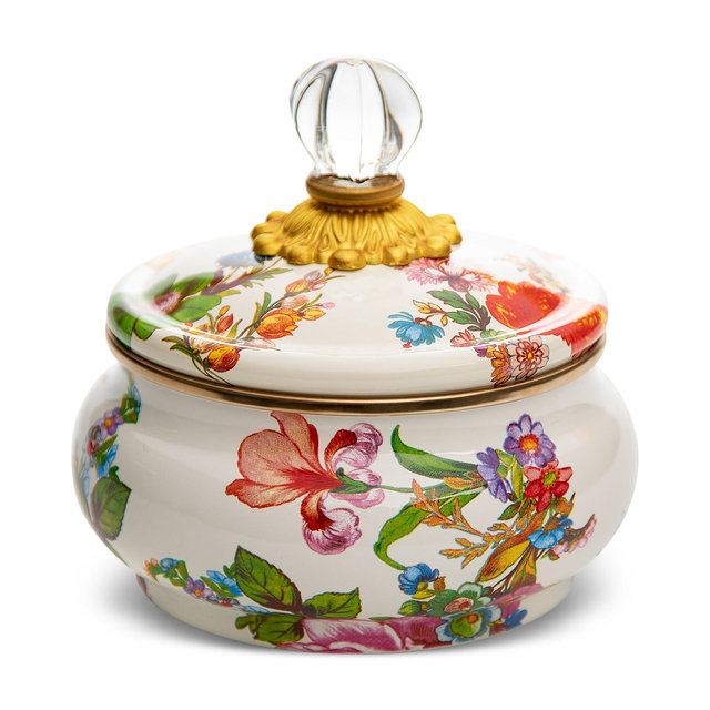 Mackenzie-Childs White Flower Market Enameled Steel Squashed Pot