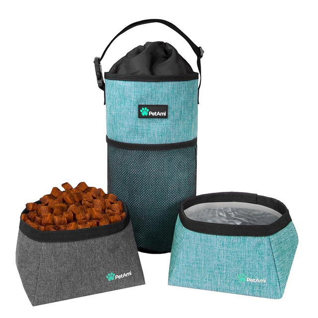 PetAmi Travel Dog Food Bag & Bowls Set, Collapsible Foldable Waterproof Dog Camping Bowls Cup Dish Accessories for Hiking, Sea Blue & Gray
