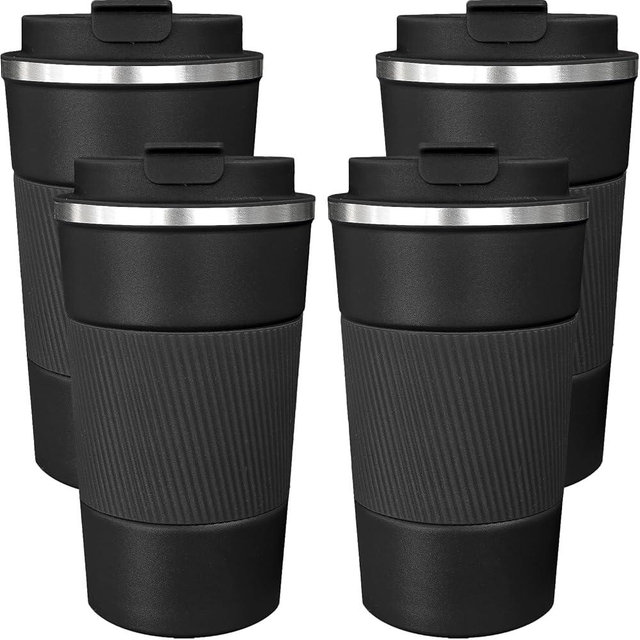 ATZNZIK 4 Pack Insulated Coffee Mug with Lid 17oz Travel Coffee Tumbler Stainless Steel Reusable Coffee Cups Thermal Coffee Mug for Hot and Iced Cold Drinks, Black