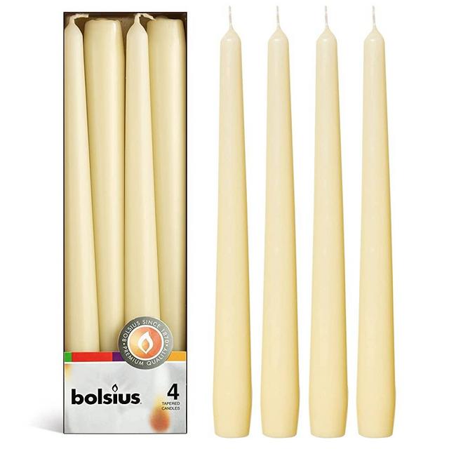 BOLSIUS Ivory Taper Candles - 4 Pack Unscented 10 Inch Dinner Candle Set - 8 Hours Burn Time - Premium European Quality - Smokeless and Dripless Household, Wedding, Party, and Home Decor Candlesticks