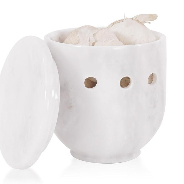 SPESHSTONES Marble Garlic Keeper 4.5 Inch White Handmade Storage Container for Kitchen Counter Decor - Stone Holder for Fresh Garlic & Ginger Jar
