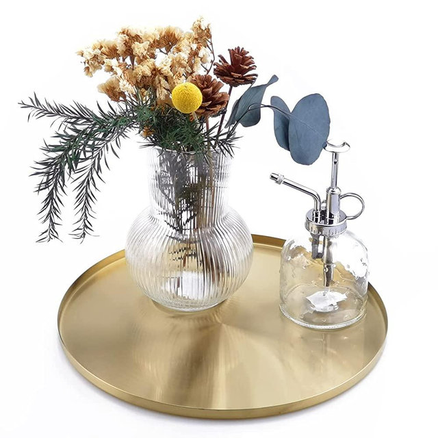 FREELOVE Gold Serving Tray, Decorative Platters and Trays for Perfume Jewelry Comestics Food Coffee Tea Candle Towel, Bath Vanity Counter Bathroom Table (Light Gold, Round 12 inch)