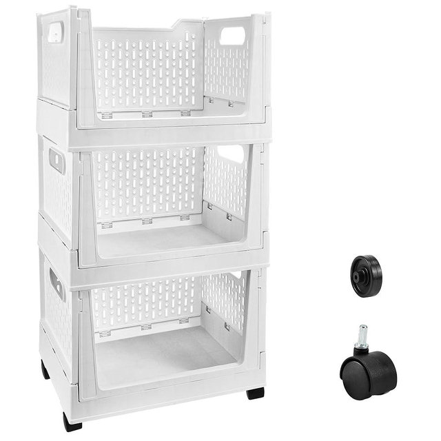 Stackable Plastic Storage Basket, 3 Pack Foldable Closet Organizers and Storage Bins with Wheels, Collapsible Drawer Shelf Storage Box Container for Office Bedroom Closet Wardrobe Kitchen Bathroom