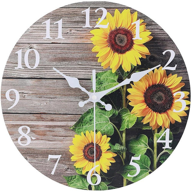 EZXZZ Sunflower Kitchen Decor Round Wall Clock 14 Inch Silent Non Ticking Battery Operated Wood Clock for Bedroom Bathroom Living Room