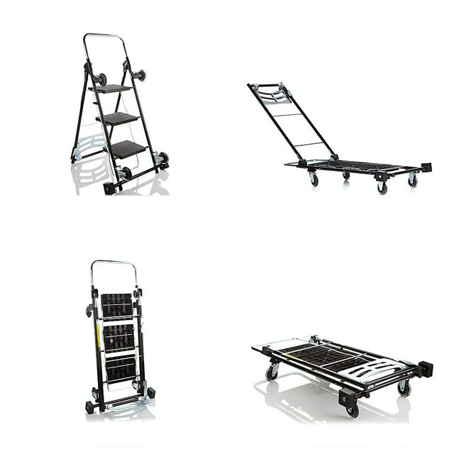 Kerry Kart 4-in-1 Rolling Utility Cart, Trolley and Moving Dolly with Folding 3-Step Ladder – Move Boxes, Furniture and Appliances with 1 Foldable Cart and Step Stool (Black)