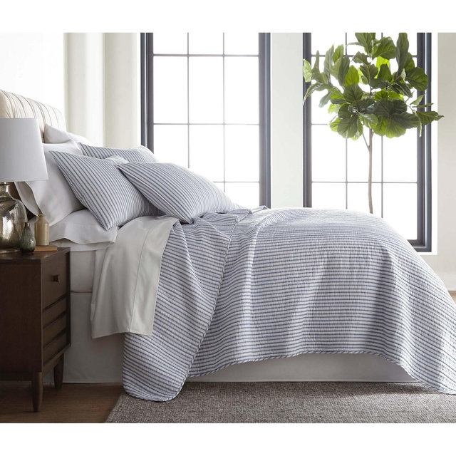 Tobago Stripe Blue Quilt Set - One King Quilt and Two King Shams - Levtex Home
