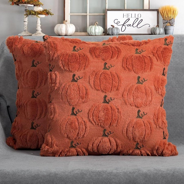 4TH Emotion Fall Pumpkin Decorative Pillow Covers 18x18 Set of 2, Dark Rust Red Soft Plush Faux Fur Wool Farmhouse Throw Cushion Cases for Autumn Thanksgiving Holiday Home Decorations