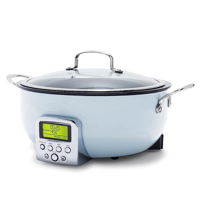 GreenPan Elite Essential Smart Electric 6QT Skillet Pot, Presets to Sear Saute Stir-Fry and Cook Rice, Healthy Ceramic Nonstick and Dishwasher Safe Parts, Easy-to-use LED Display, Blue Haze